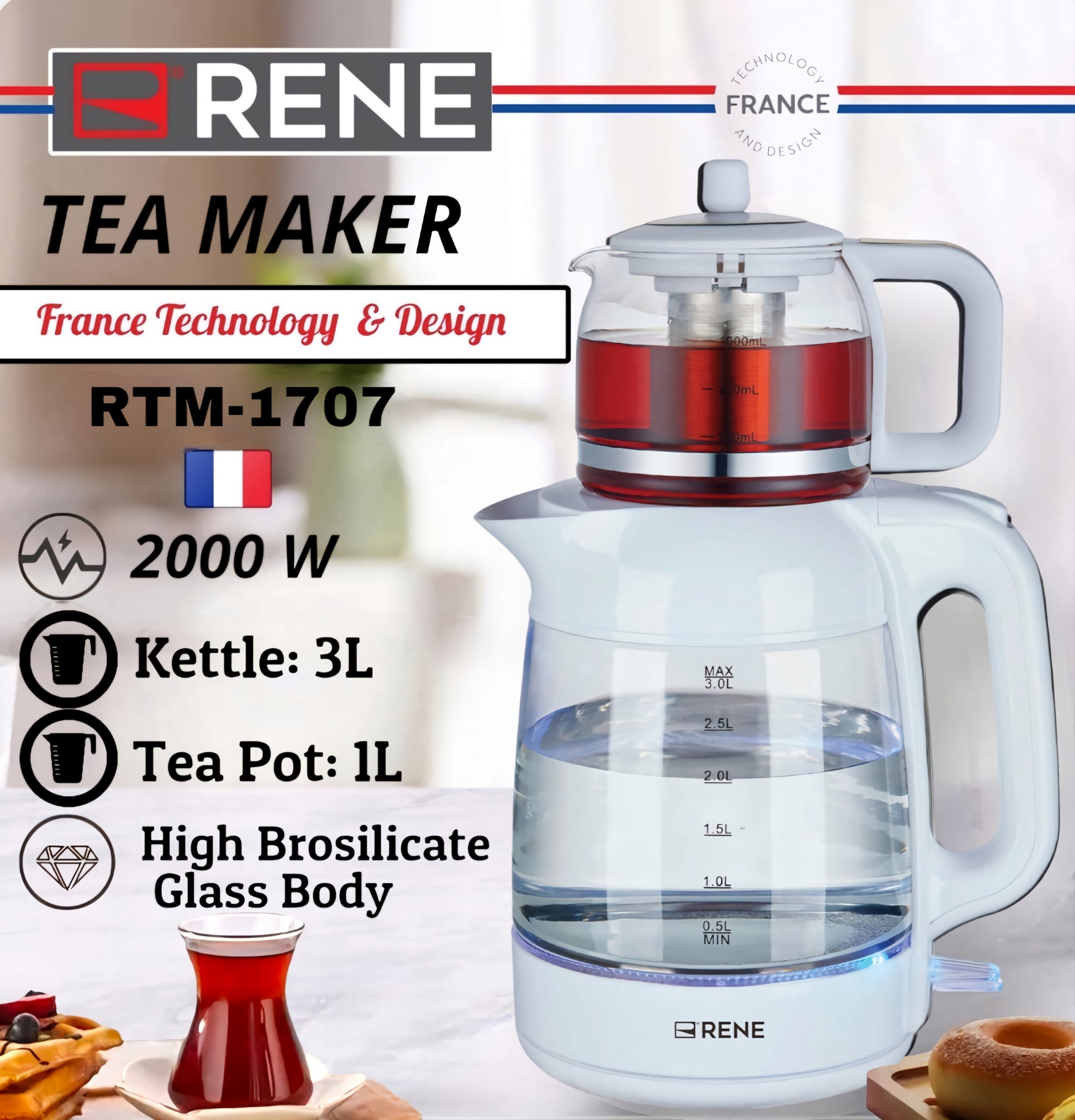 Rene RTM 1707 Tea Maker Pro - Front View with 3.0L Kettle and 1.0L Teapot