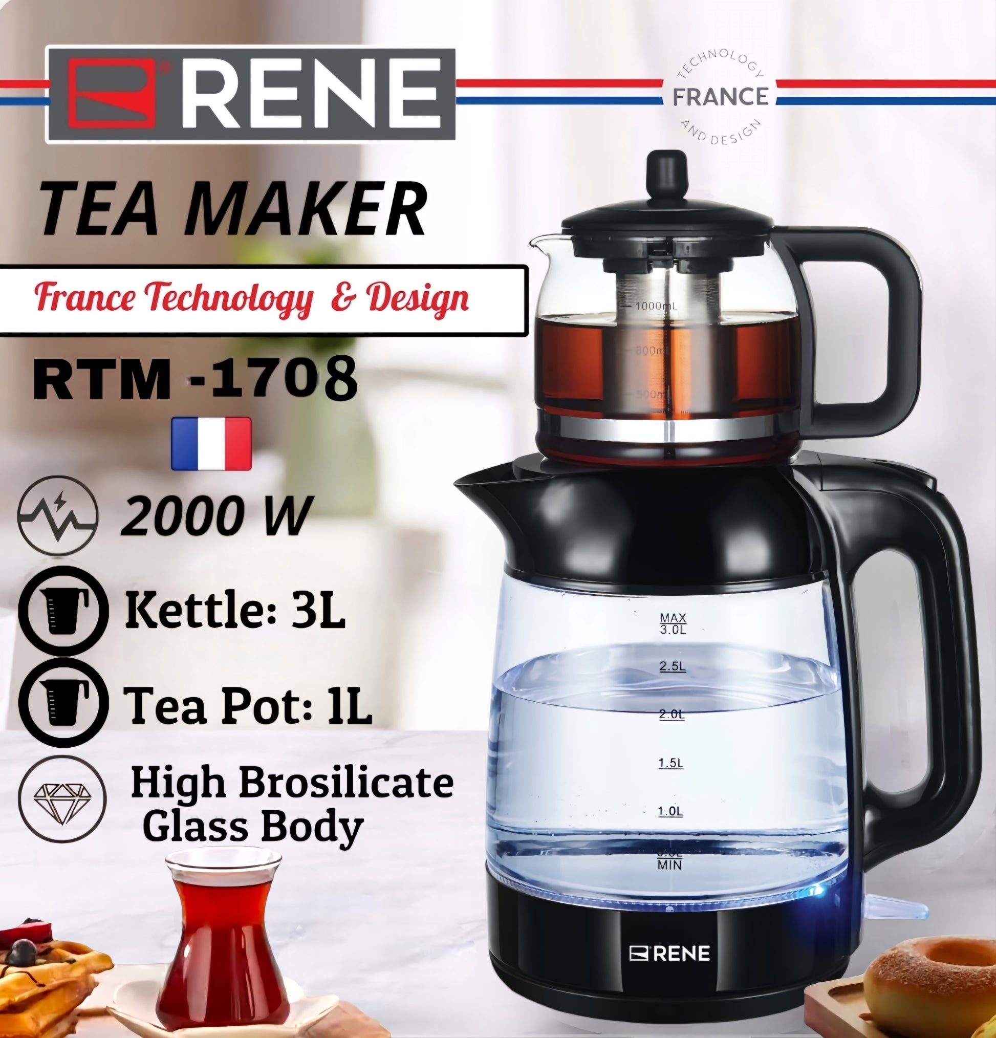 Rene RTM 1708 Tea Maker Pro – 3.0L Kettle with 1.0L Glass Teapot