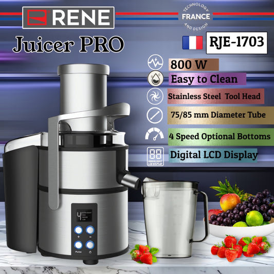 RENE Juicer PRO RJE-1703 – 800W Professional Stainless Steel Juicer with Large Feeding Tube and LCD Display