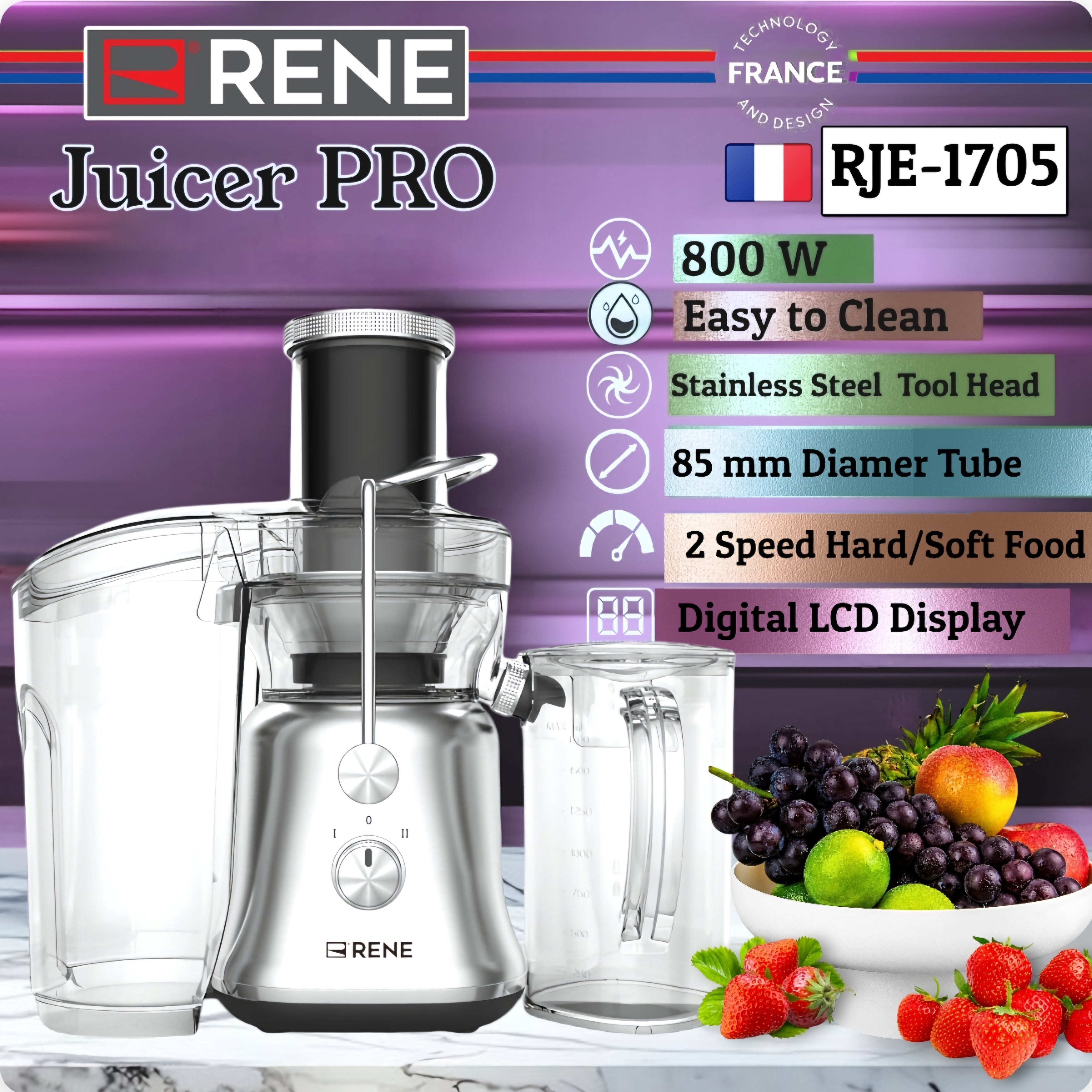 RENE Juicer PRO RJE-1705 – 800W Powerful Juicer with Extra Wide 85mm Feeding Tube and French Design