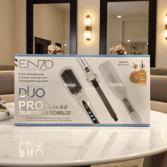 ENZO ProLuxe EN-3958W Hair Styling Set including straightener, curling iron, and brush with Vitamin C oil