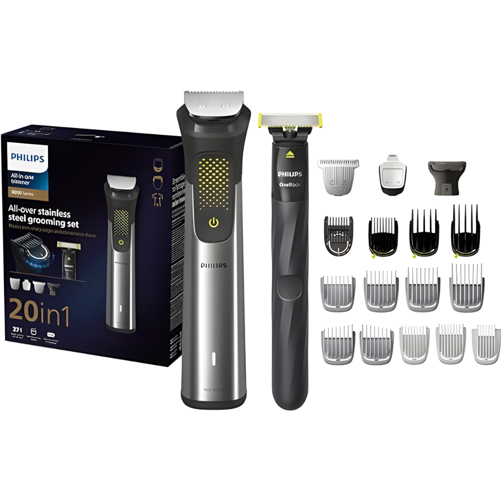 Philips All-In-One Trimmer 9000 Series MG9553/15 – 20-in-1 Face, Hair & Body Grooming Kit, 120 Min Cordless Use, OneBlade, Self-Sharpening Blades