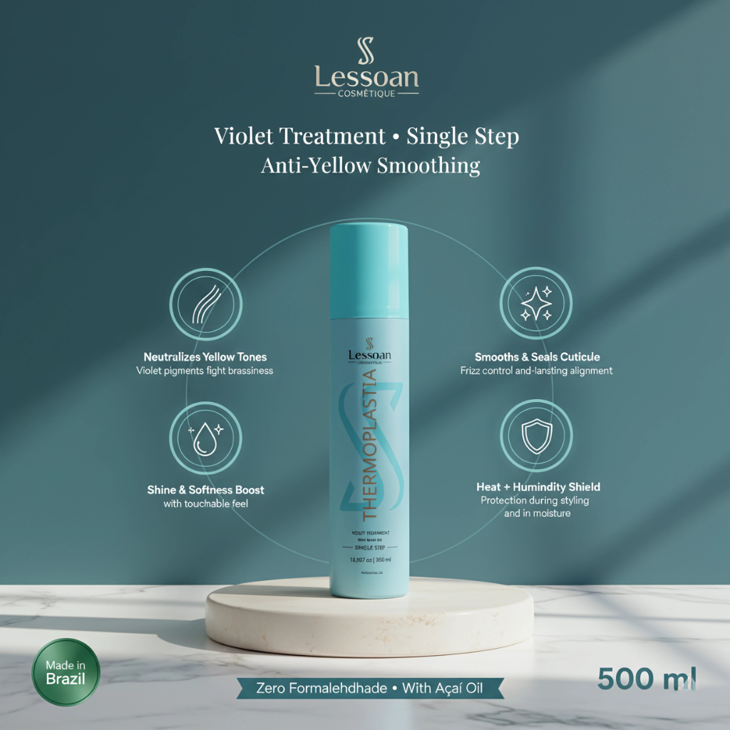 Violet Lessoan Thermoplasty Hair Straightening Treatment – Formaldehyde-Free Heat-Activated Smoothing System with Organic Acids and Botanical Extracts (500 ml)