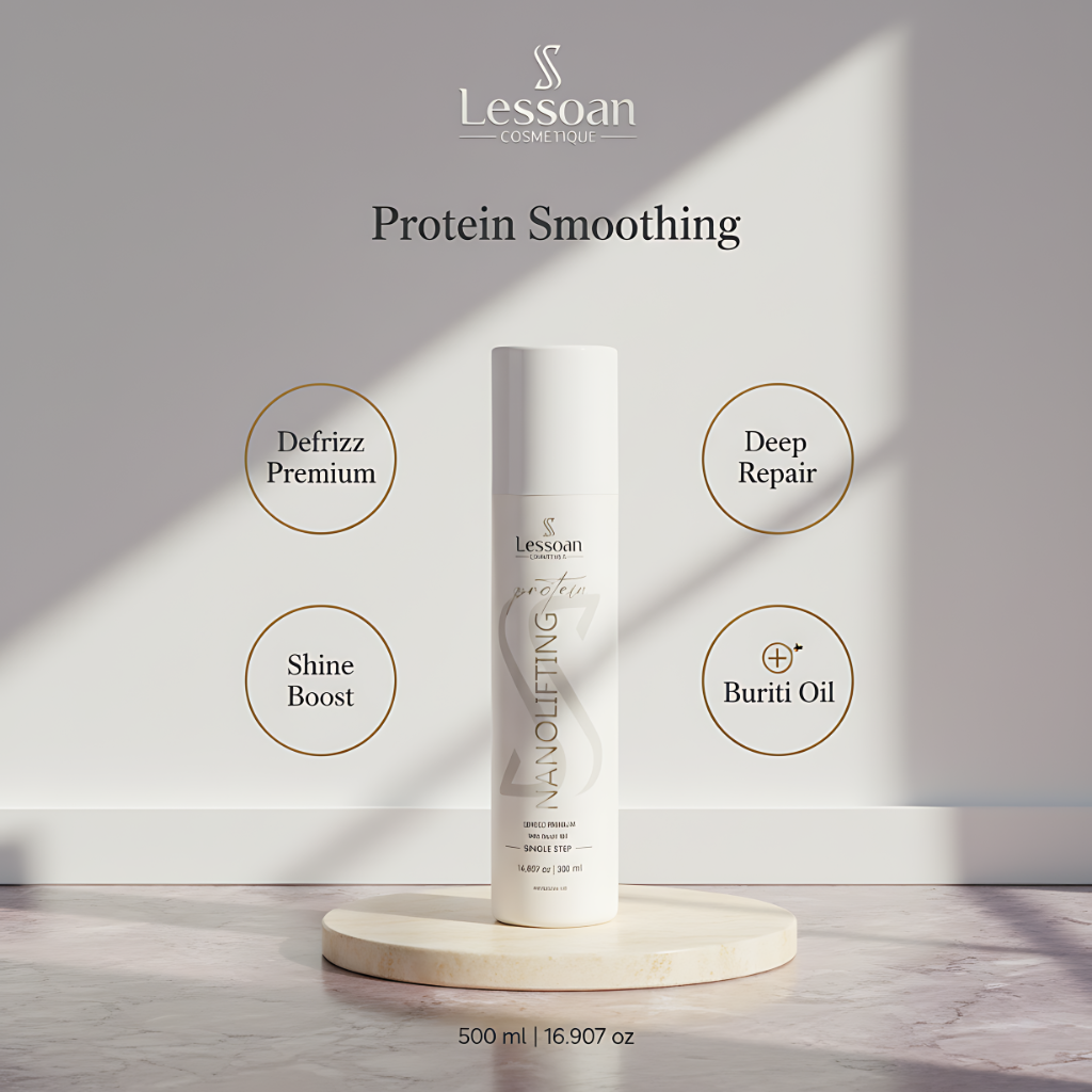 Lessoan Organic Protein Hair Treatment – Formaldehyde-Free Volume Reducer with Buriti, Argan and Flaxseed Oils, One-Step Vegan Hair Straightening System (500 ml)