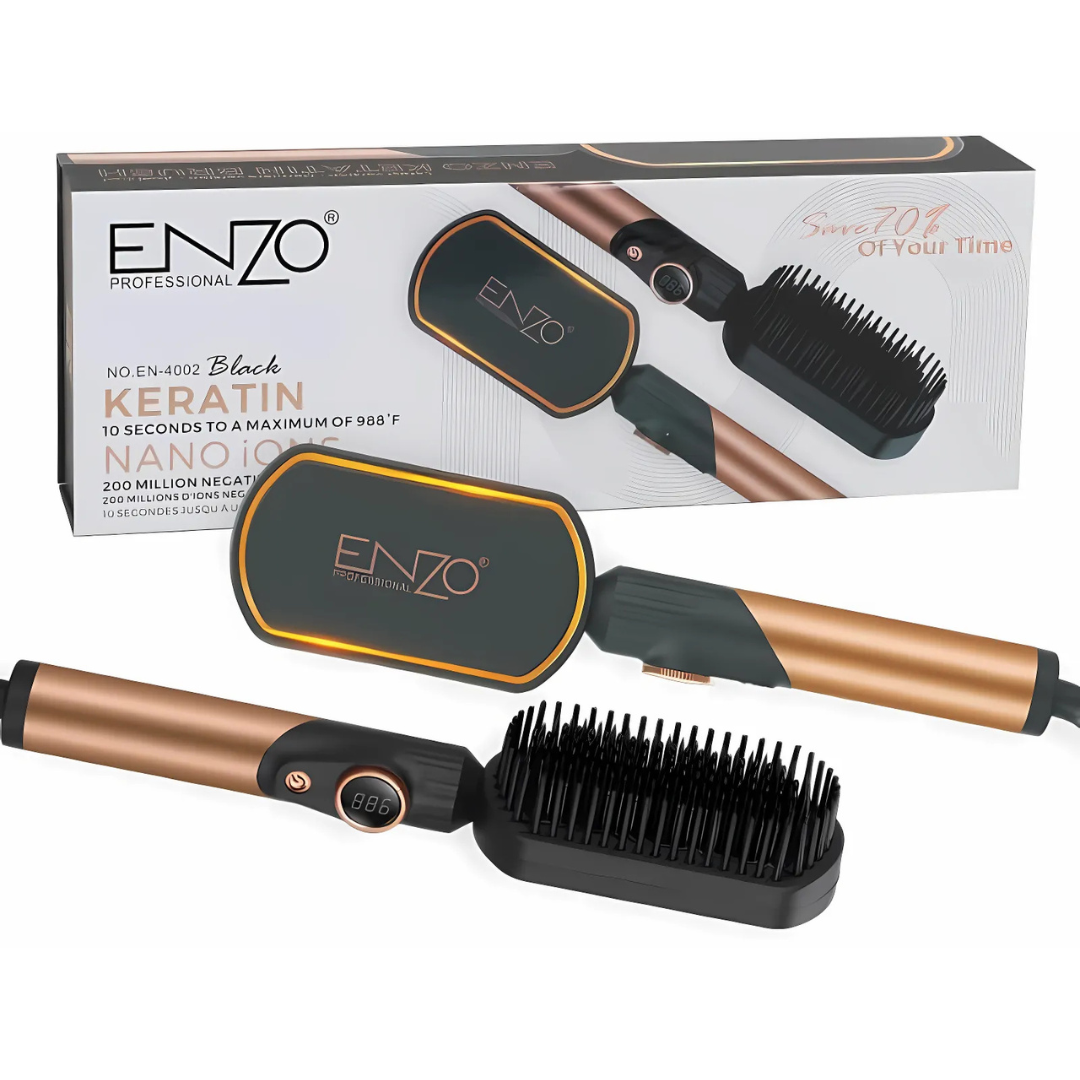PrecisionWare ENZO EN-4002 Gold Hair Straightener Brush – 3-in-1 styling tool for straightening, drying, and volumizing.