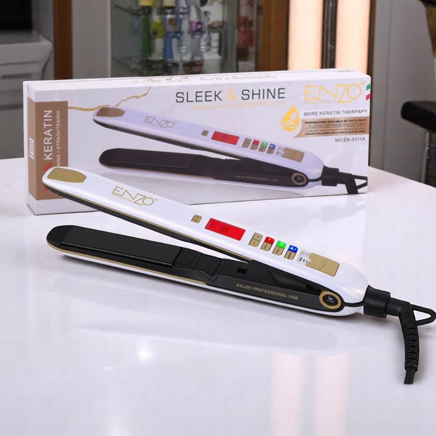 ENZO EN-5111A Professional Hair Straightener – Titanium-Infused Plates with LCD Display and Adjustable Temperature