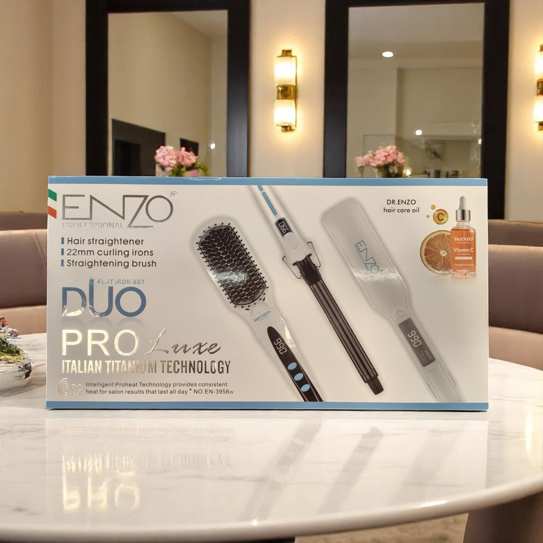 ENZO ProLuxe EN-3958W Hair Styling Set including straightener, curling iron, and brush with Vitamin C oil
