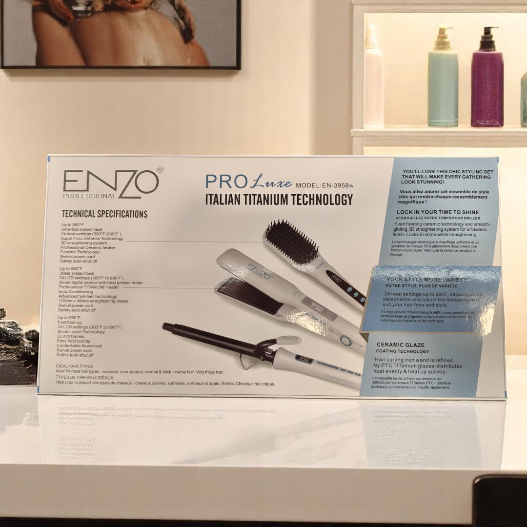 ENZO ProLuxe EN-3958W Hair Styling Set including straightener, curling iron, and brush with Vitamin C oil