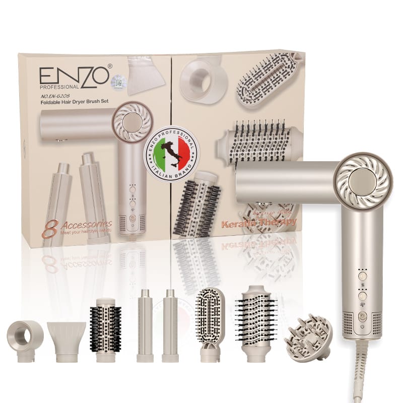 ENZO EN 6208 Foldable Hair Dryer Brush Set – 8 Accessories Styling