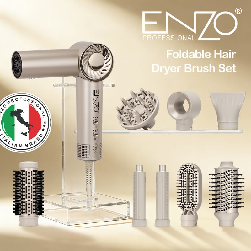 ENZO EN 6208 Foldable Hair Dryer Brush Set – 8 Accessories Styling