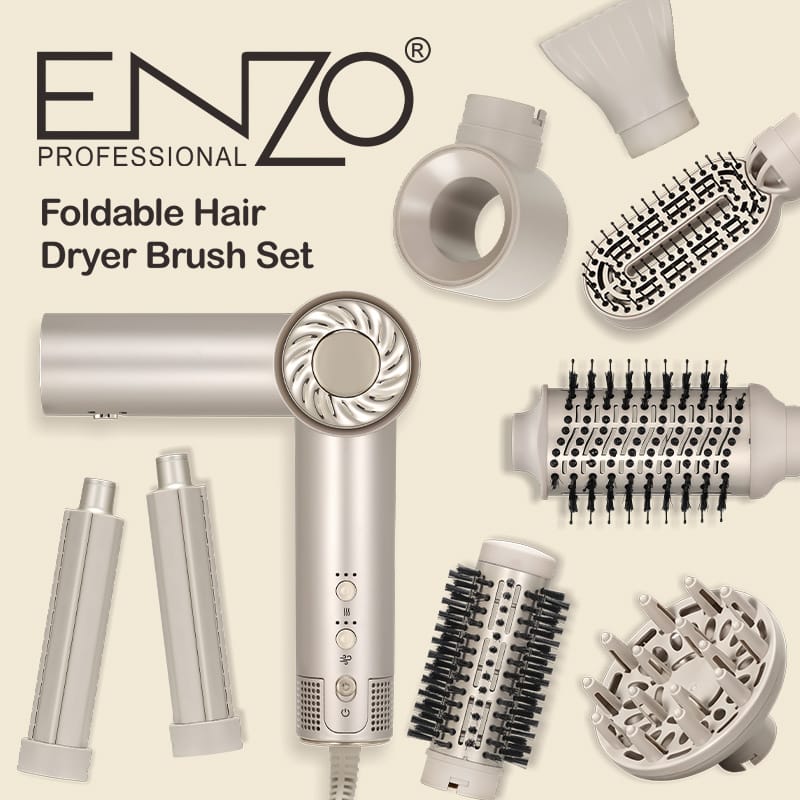 ENZO EN 6208 Foldable Hair Dryer Brush Set – 8 Accessories Styling