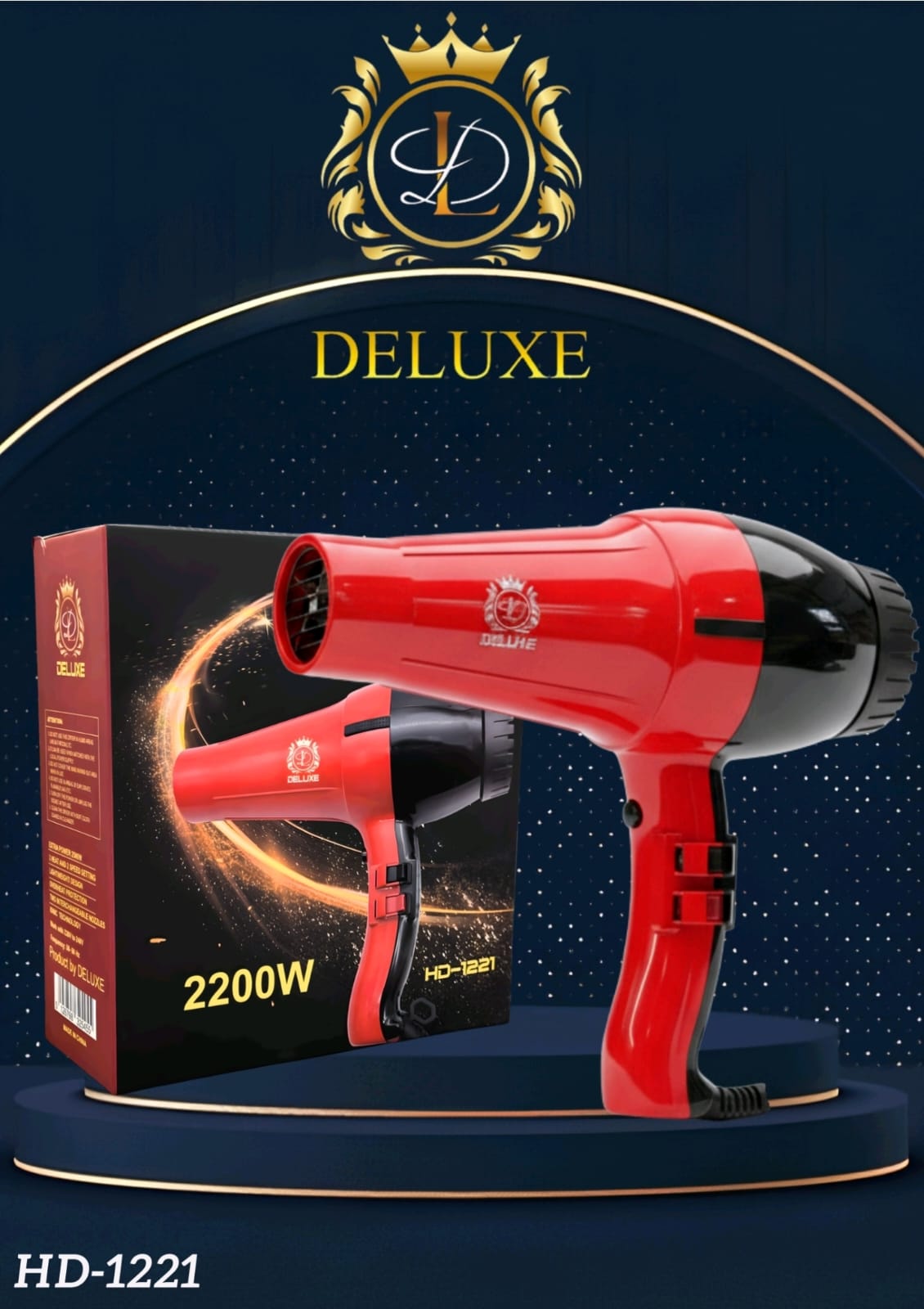 DELUXE HD-1221 Professional Hair Dryer – 2200W High-Power Salon Blow Dryer