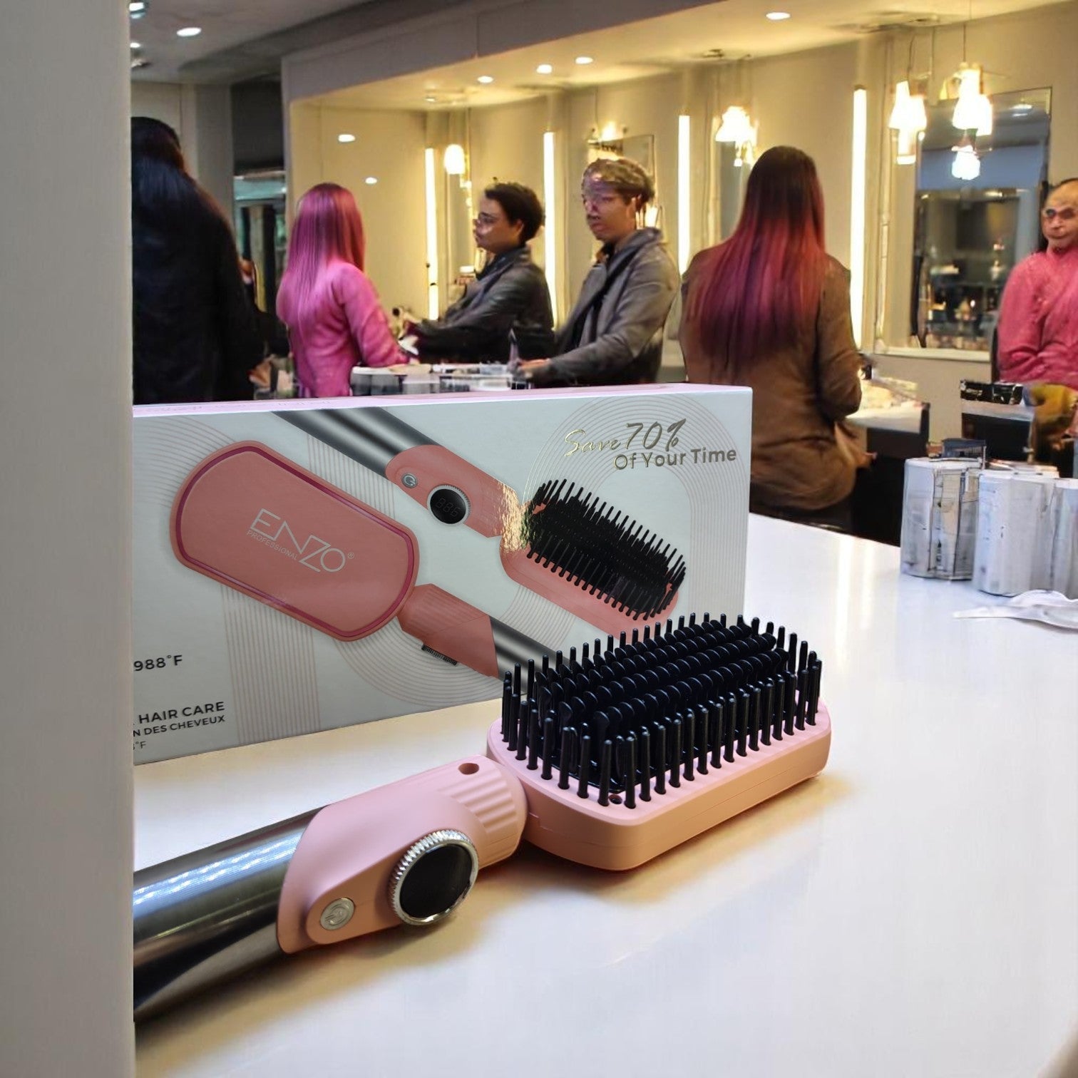 ENZO EN-4002 Pink Keratin Hair Straightener Brush – Ionic Hot Air Comb with Adjustable Temperature and Anti-Scald Design ENZO Professional