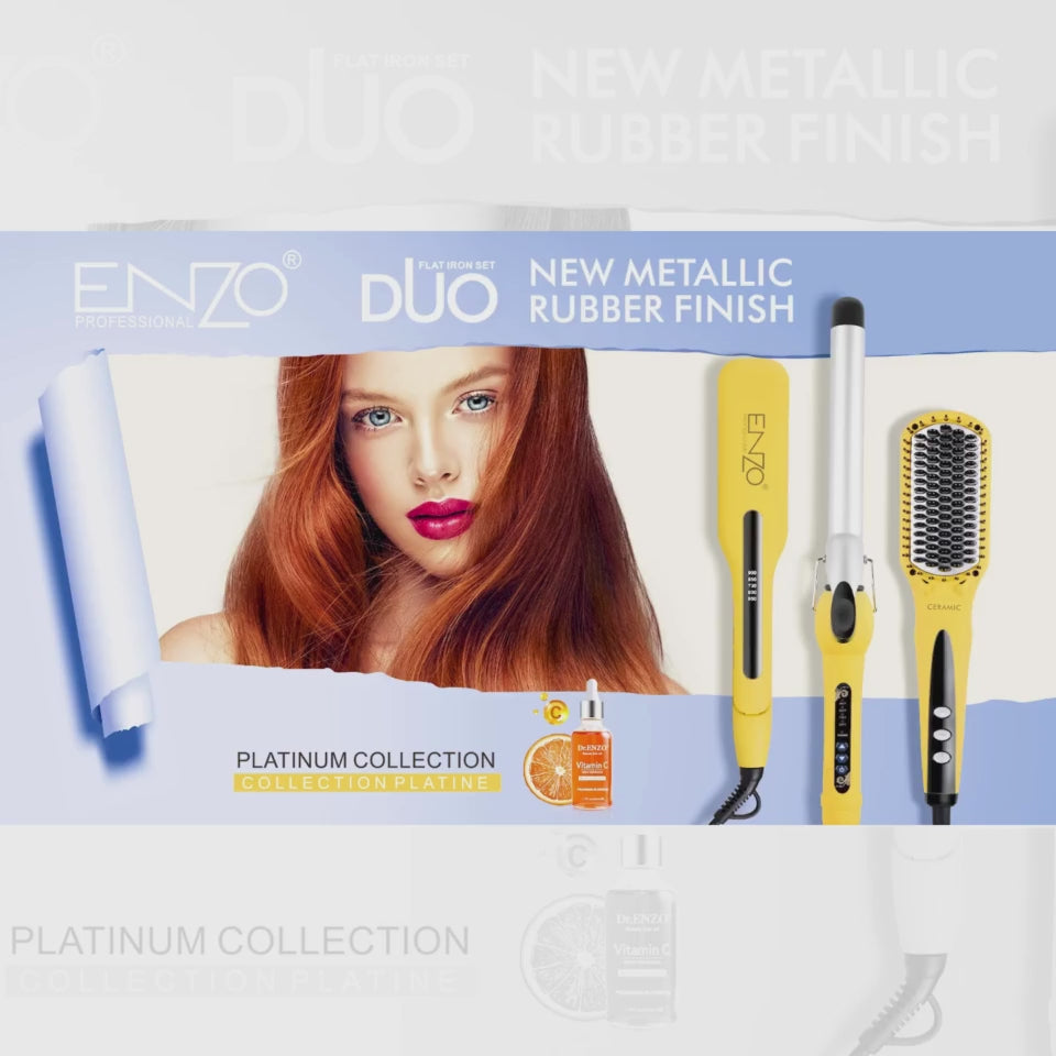 Load video: ENZO EN-3955W 3-in-1 Platinum Collection Hair Styling Kit – Hot Air Brush, Straightener, &amp; Curling Iron