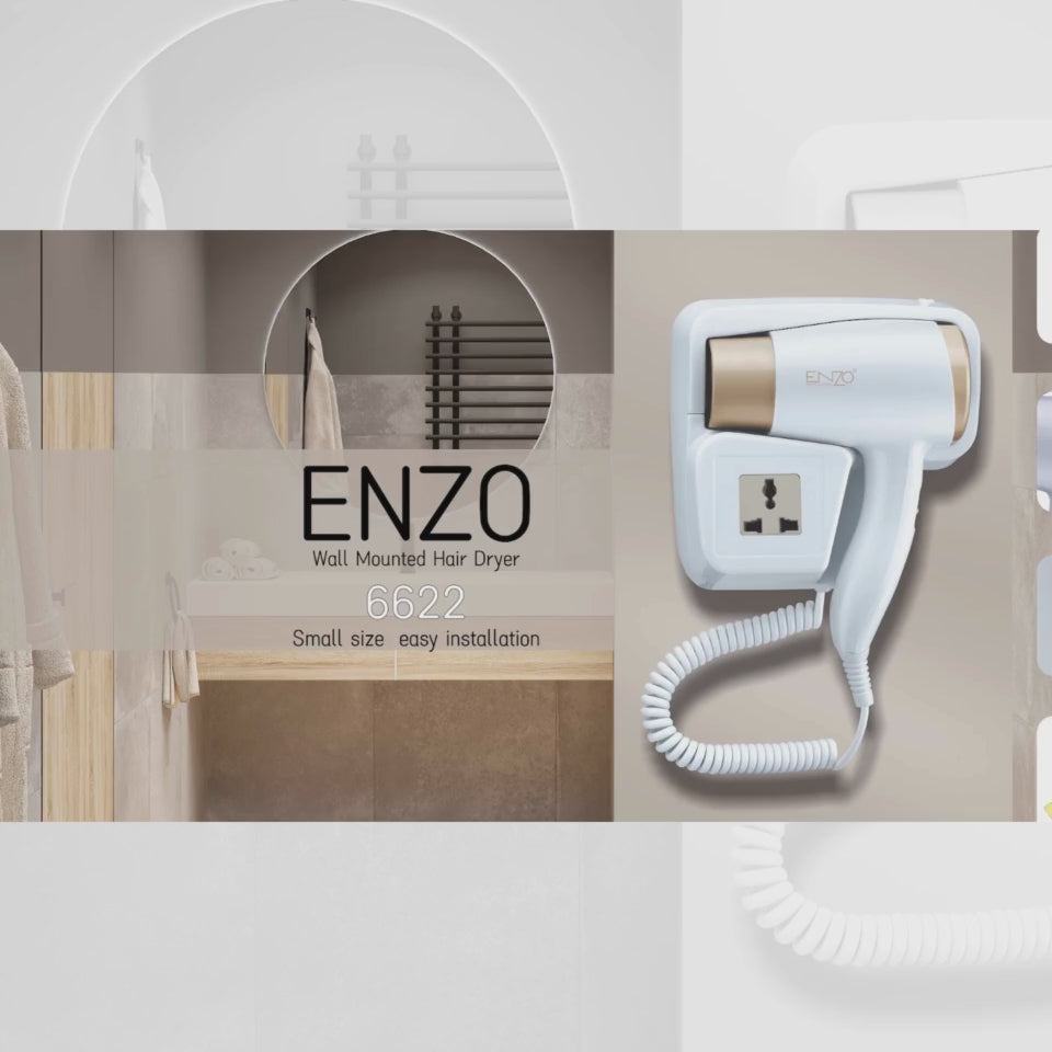 Load video: ENZO EN-6622 3000W Professional Wall-Mounted Hair Dryer Luxury Durable Noiseless Salon &amp; Hotel Bathroom Dryer (White)