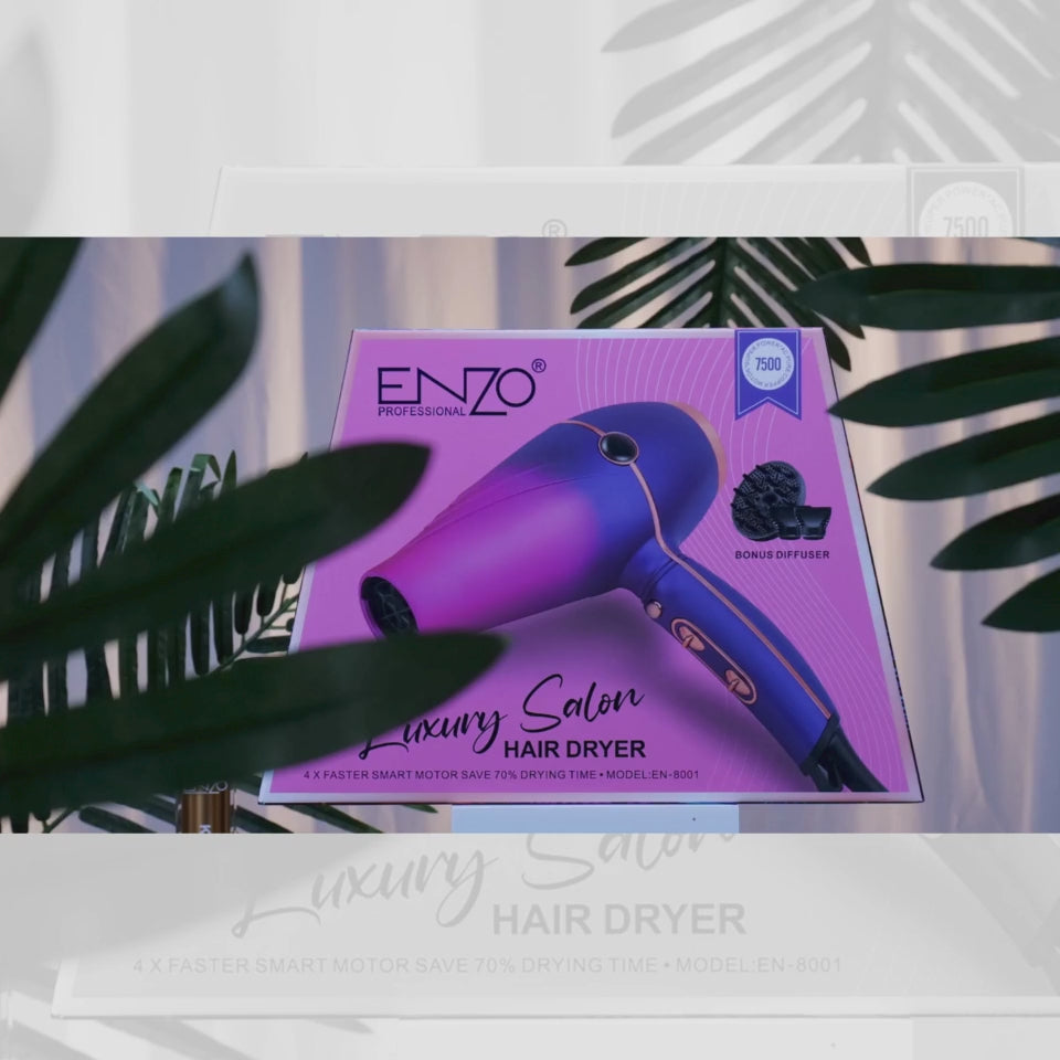 Load video: Enzo EN-8001 high-performance salon-grade hairdryer featuring a powerful 7500W 21,000 rpm