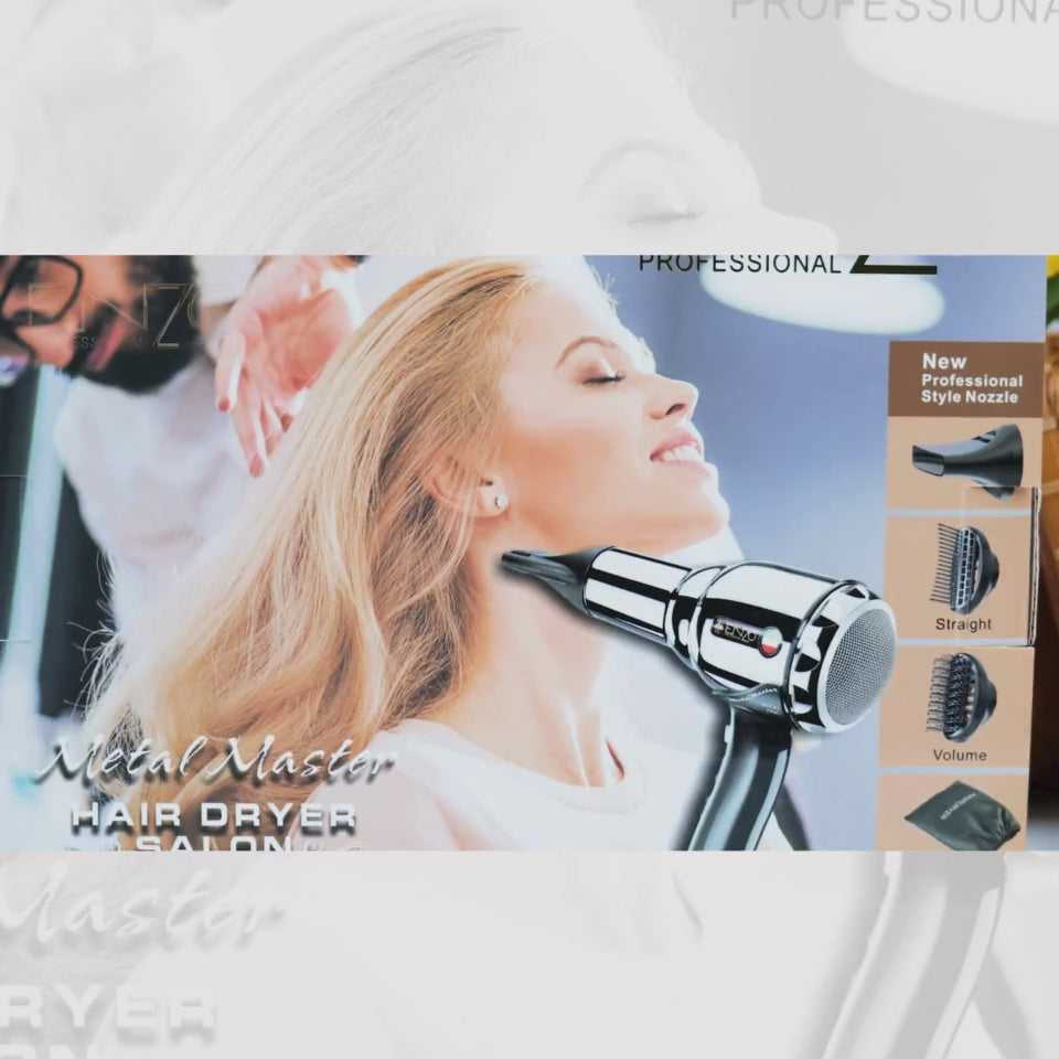 Load video: Enzo EN-3001 Professional Hair Dryer 2200W Ionic, 3 Heat Settings, 2 Speed Settings &amp; Concentrator Nozzle