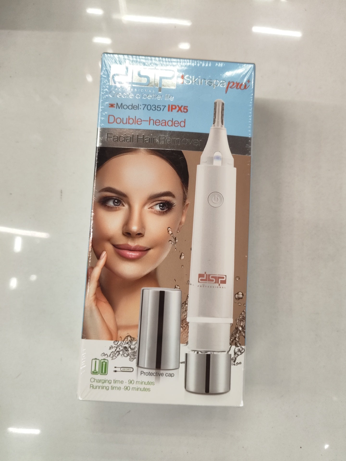 DSP 70357-IPX5 Double-Headed Facial Hair Remover – 90-Min Runtime, Eyebrow Trimmer & Face Shaver with Protective Cap