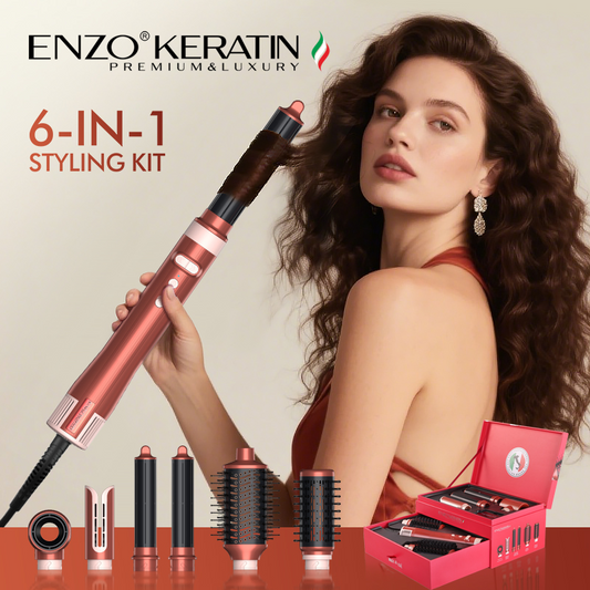 ENZO Keratin B2 6-in-1 BLDC Hair Styling Kit – 130,000 RPM Motor | Professional Hot Air Brush, Curling Rods & Volumizing Nozzles
