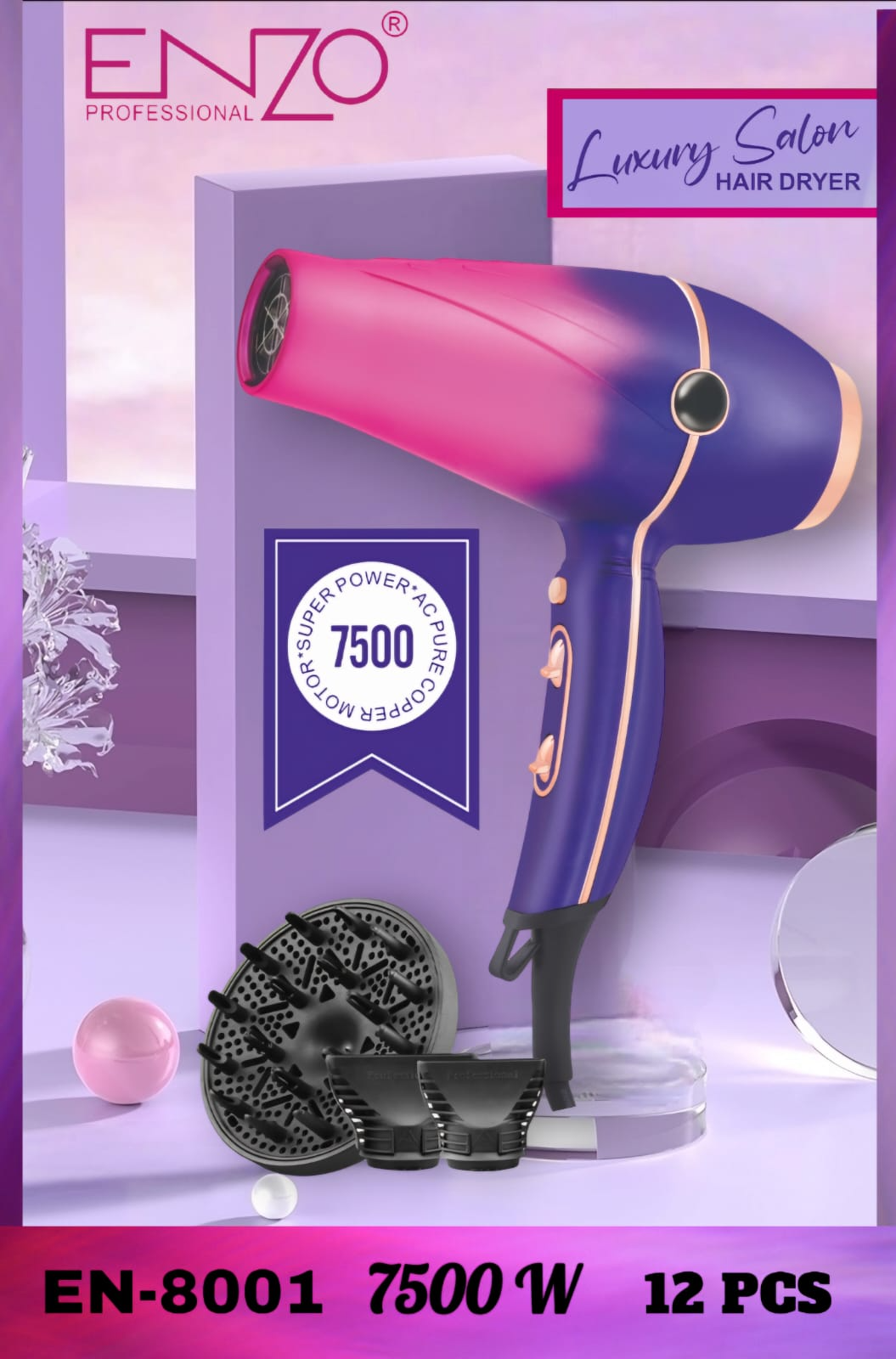 Enzo EN-8001 high-performance salon-grade hairdryer featuring a powerful 7500W 21,000 rpm