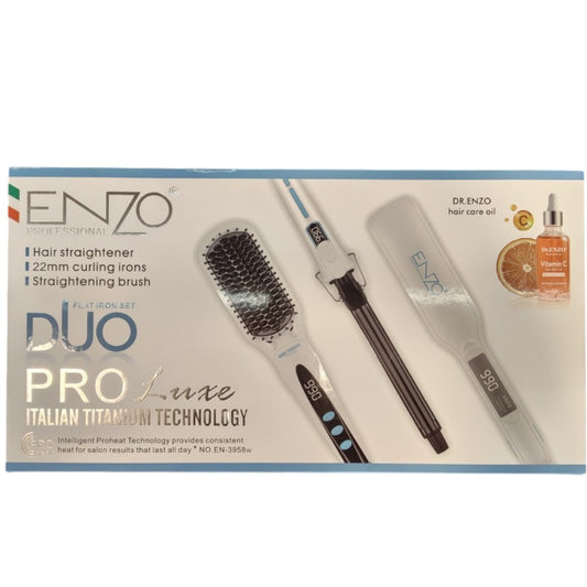 ENZO ProLuxe EN-3958W 3-in-1 Flat Iron Set – Hair Straightener, Curling Iron & Straightening Brush with Adjustable Heat & Ionic Technology